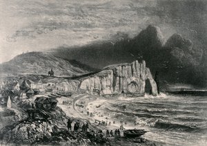 Etretat, ilustração do capítulo sobre a Normandia de &39;La Normandie Illustree&39;, gravado por Charpentier, publicado em Nantes 1852